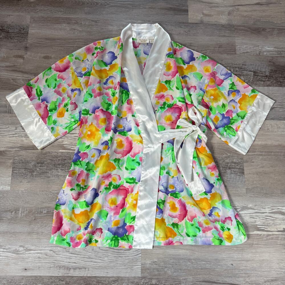 Vintage 90s Victoria's Secret Gold Label Watercolor Floral Wrap Robe One Size